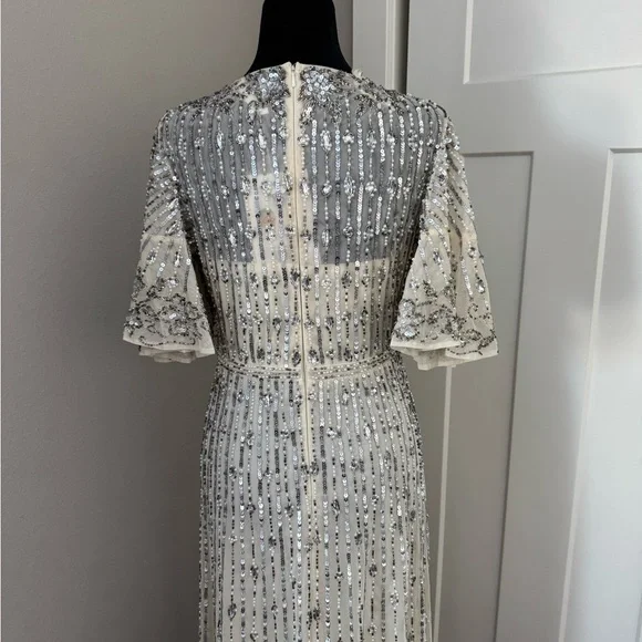 New Mac Duggal Silver Flounce Sleeve Midi Dress 5579 Size 4 - Picture 8 of 11
